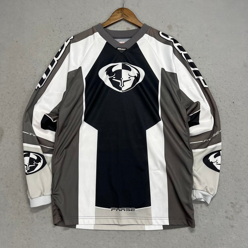 Thor Phase Motocross Jersey Mens Small Black Grey White Long Sleeve‎ Mesh Racing